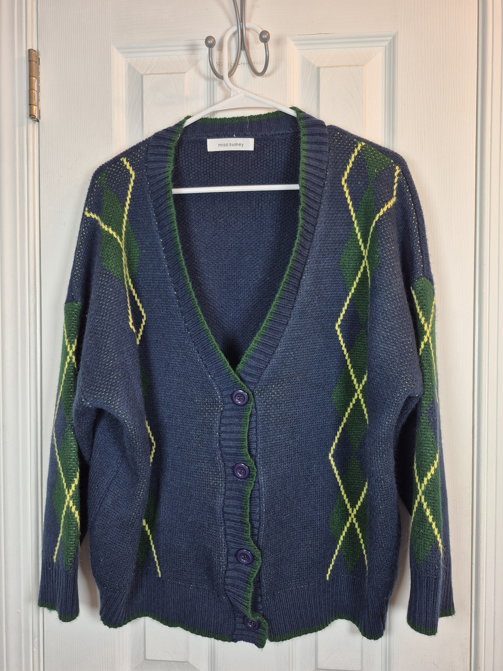 Miss Sumey Argyle Knit Oversized Cardigan Sweater Dark Academia Preppy Medium